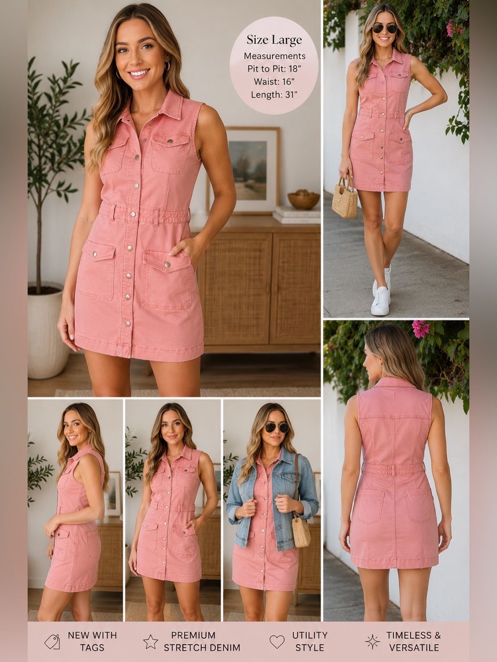 DL1961 NWT Pink Denim Utility Mini Dress Large Sleeveless Safari Button Front